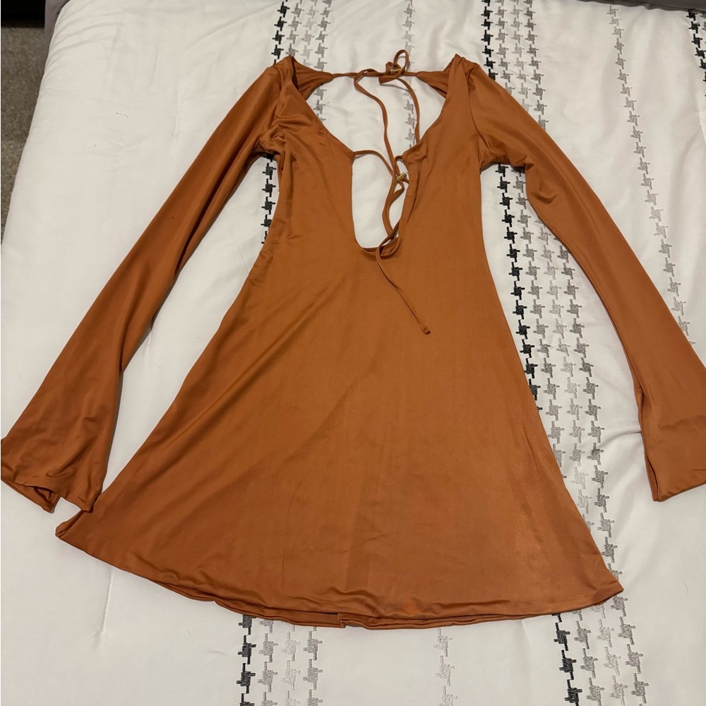 Long Sleeve Cut Out A-Line Mini Dress in Tan